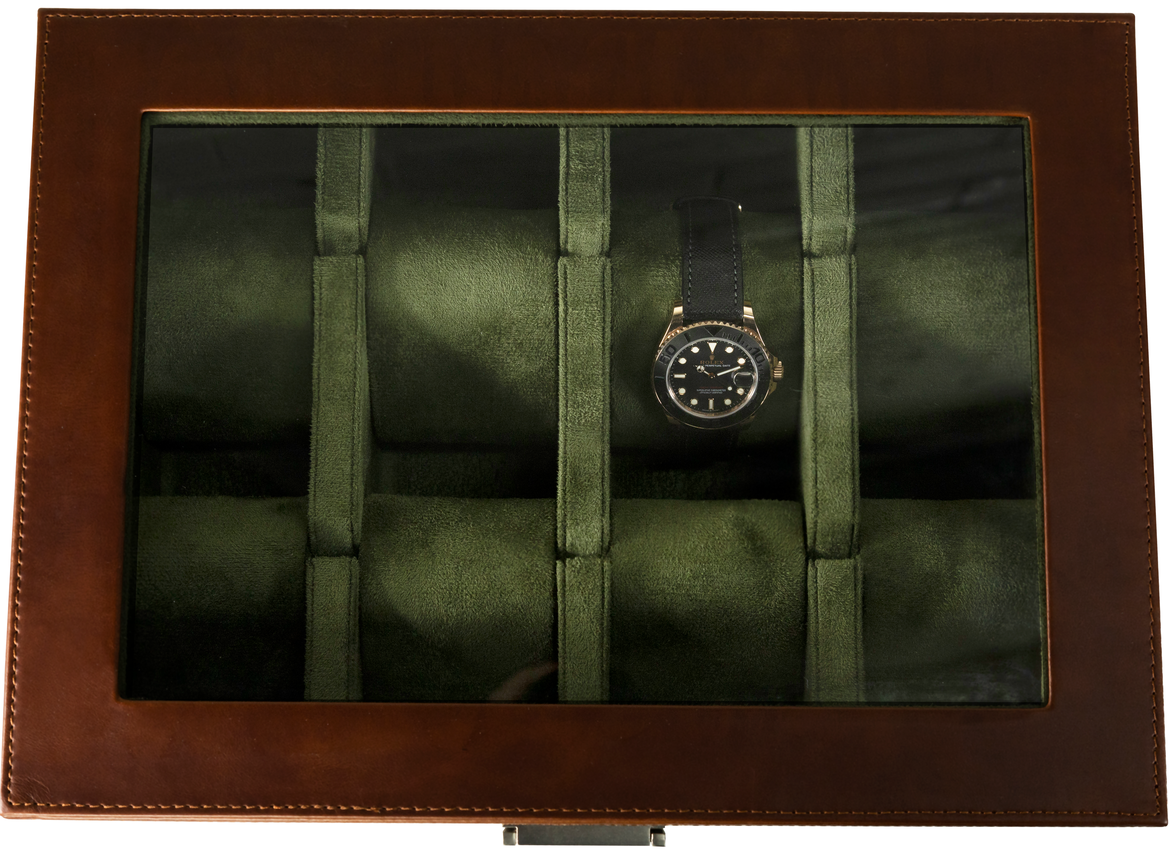 Jefferson - 8 Watch Box - Dark Brown Leather | Green Velvet