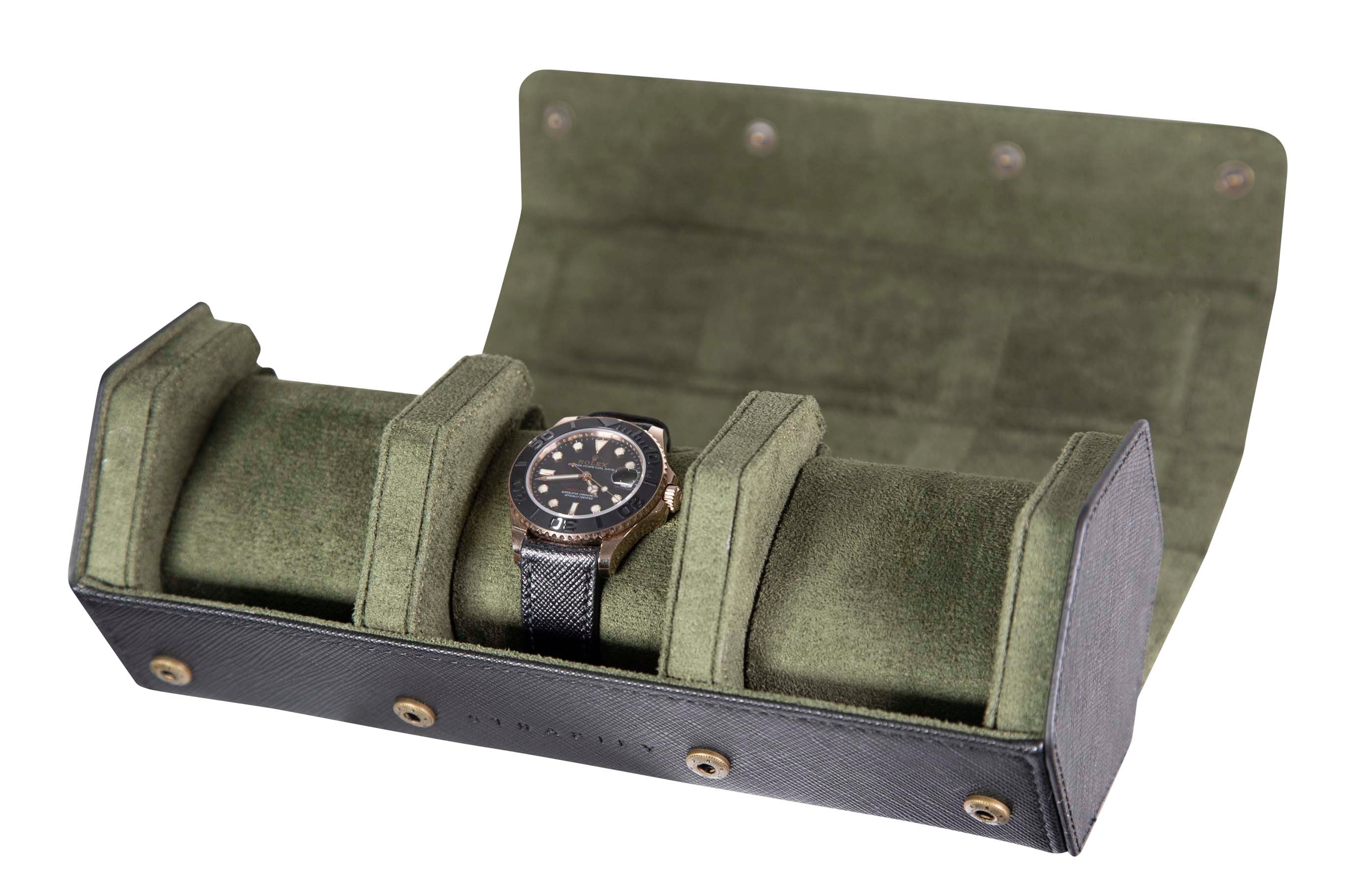 Jefferson - 3 Watch Roll - Saffiano Black | Forest Green Velvet