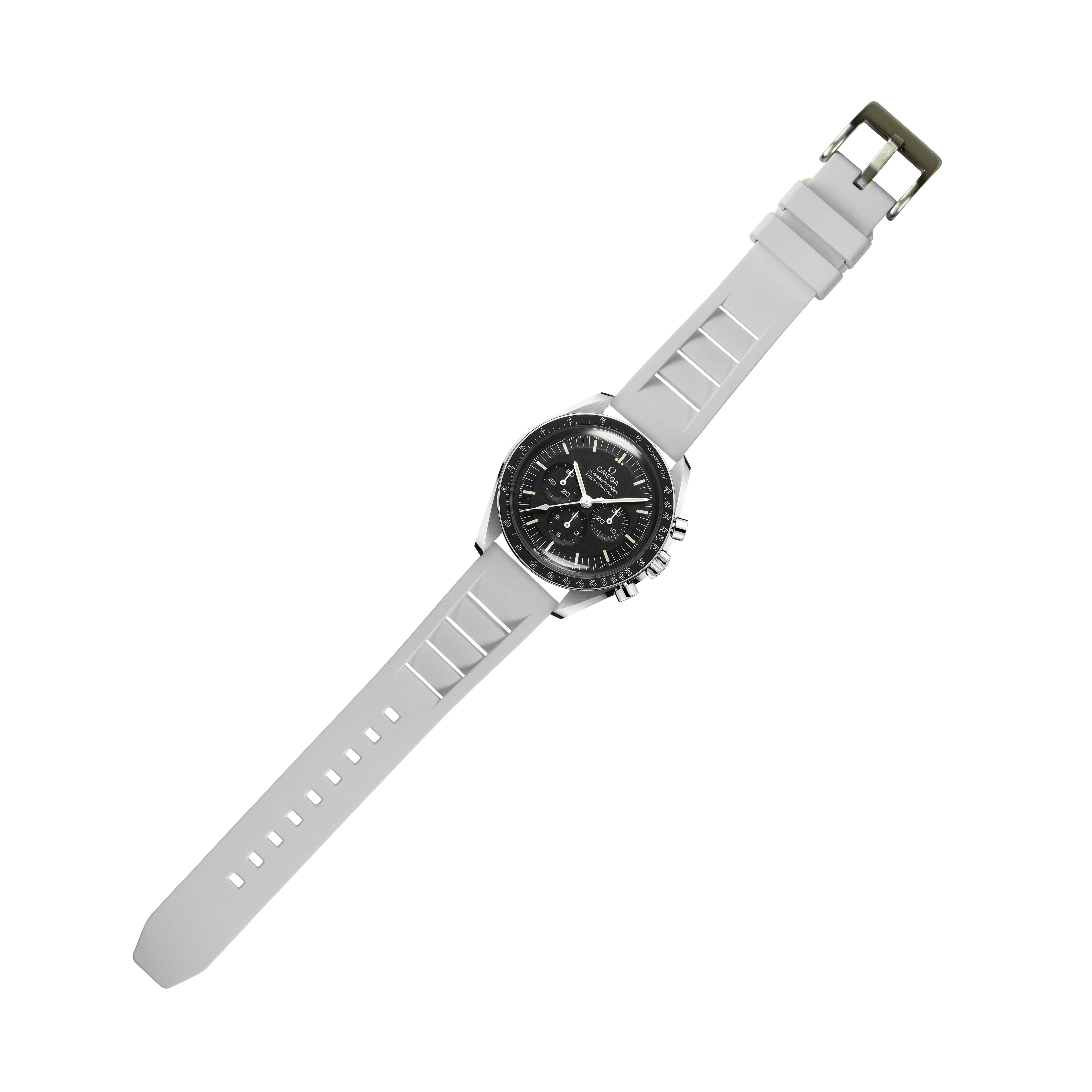 White FKM rubber watch strap with quick release system and olive green buckle for chronograph watches