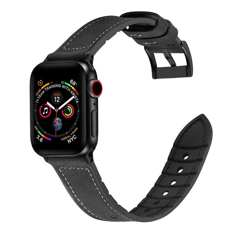 [Apple Watch] Leather Hybrid with Silicone - Black | Brown Stitching